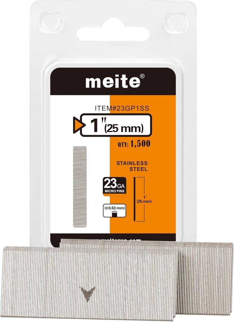 Meite 23 Gauge Pin Nails, 1 Inch 304 Stainless Steel Pin Nails - Micro 23GA Headless Nails for Nail Gun for Trim, Craft, and Woodworking (1,500 Counts) - Image 1